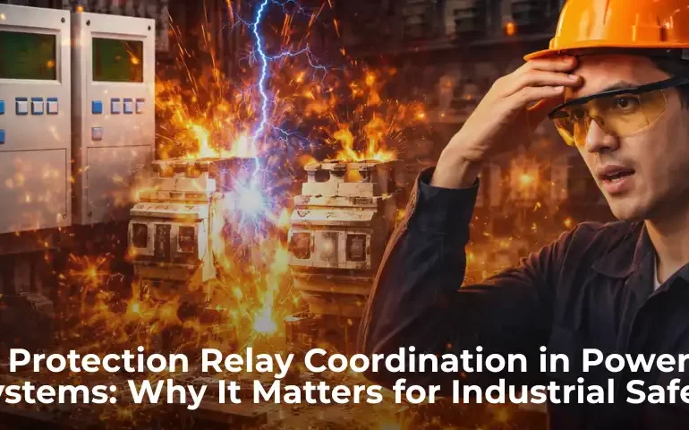 Protection relay coordination in industrial power system with electrical fault and circuit breaker