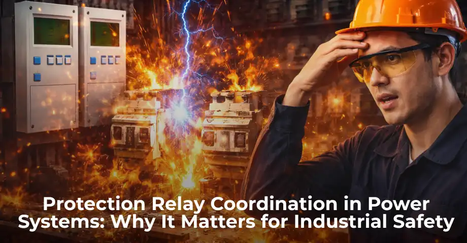 Protection relay coordination in industrial power system with electrical fault and circuit breaker