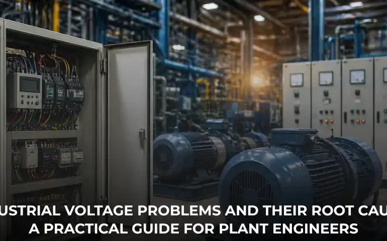 Industrial voltage fluctuation in factory with motors and control panel system