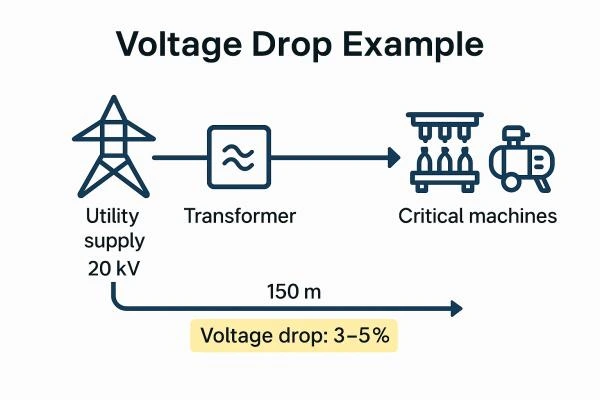 Industrial voltage drop example showing transformer supply to machines with voltage loss