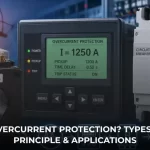 Industrial overcurrent protection system with protection relay, current transformer and circuit breaker for fault detection
