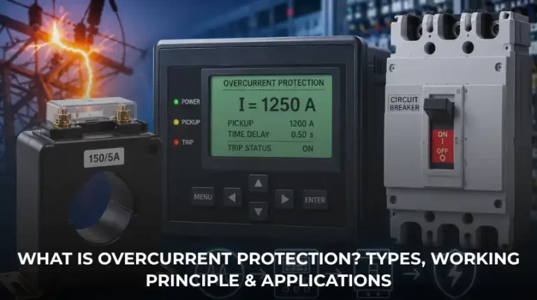Industrial overcurrent protection system with protection relay, current transformer and circuit breaker for fault detection