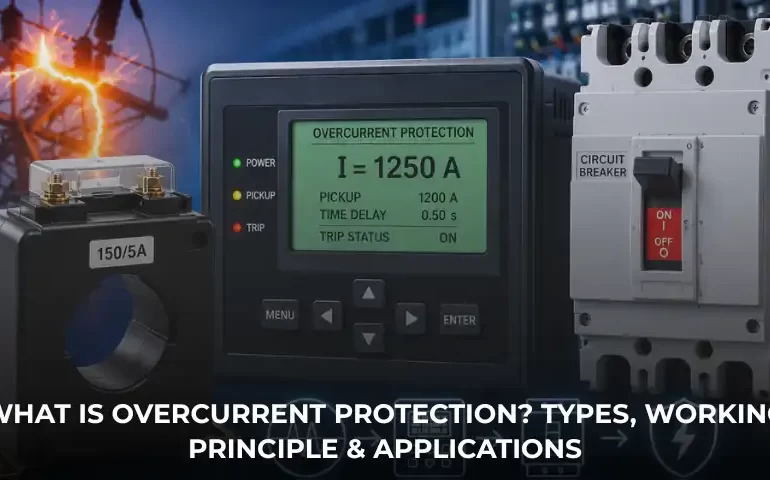 Industrial overcurrent protection system with protection relay, current transformer and circuit breaker for fault detection
