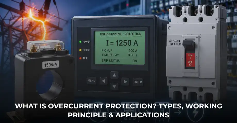 Industrial overcurrent protection system with protection relay, current transformer and circuit breaker for fault detection