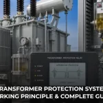 Industrial transformer protection system with power transformer, protection relay, current transformers and circuit breaker