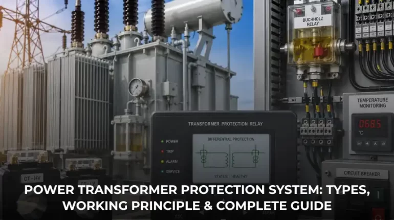 Industrial transformer protection system with power transformer, protection relay, current transformers and circuit breaker