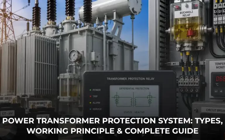 Industrial transformer protection system with power transformer, protection relay, current transformers and circuit breaker