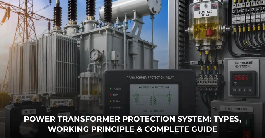Industrial transformer protection system with power transformer, protection relay, current transformers and circuit breaker