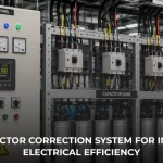 Industrial power factor correction system with APFC panel and capacitor bank improving electrical efficiency in a manufacturing facility