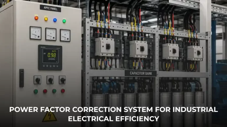 Industrial power factor correction system with APFC panel and capacitor bank improving electrical efficiency in a manufacturing facility