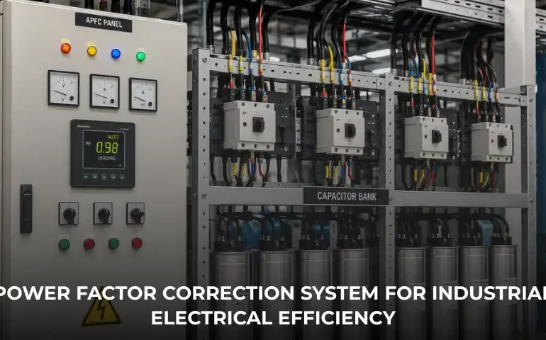 Industrial power factor correction system with APFC panel and capacitor bank improving electrical efficiency in a manufacturing facility