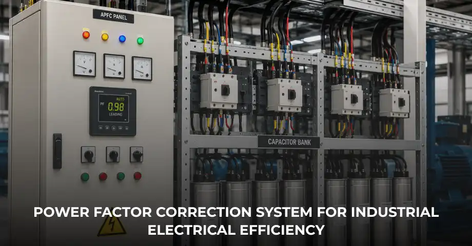 Industrial power factor correction system with APFC panel and capacitor bank improving electrical efficiency in a manufacturing facility