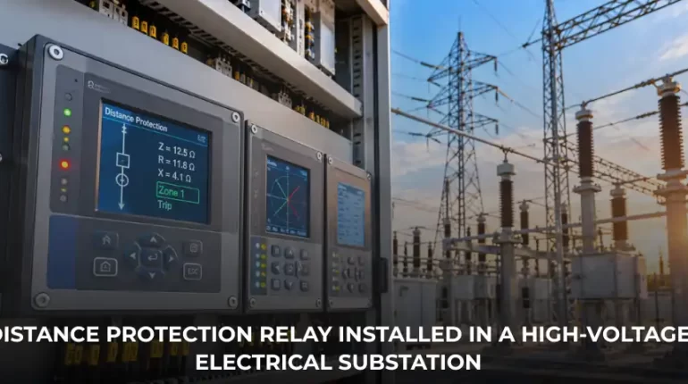 Distance protection relay installed in a high-voltage electrical substation