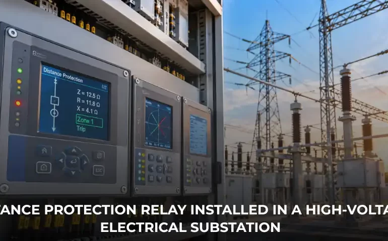 Distance protection relay installed in a high-voltage electrical substation
