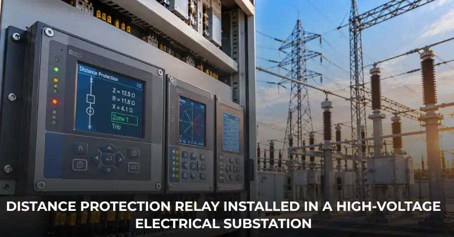 Distance protection relay installed in a high-voltage electrical substation