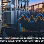 Engineer analysing harmonic distortion in an industrial power system using waveform and harmonic spectrum graphs.