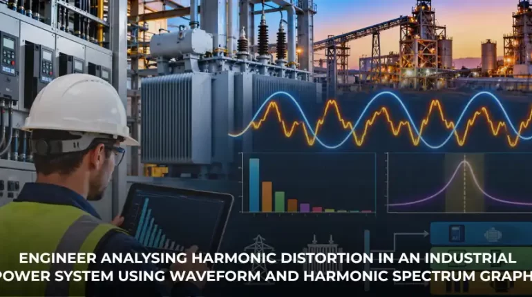 Engineer analysing harmonic distortion in an industrial power system using waveform and harmonic spectrum graphs.