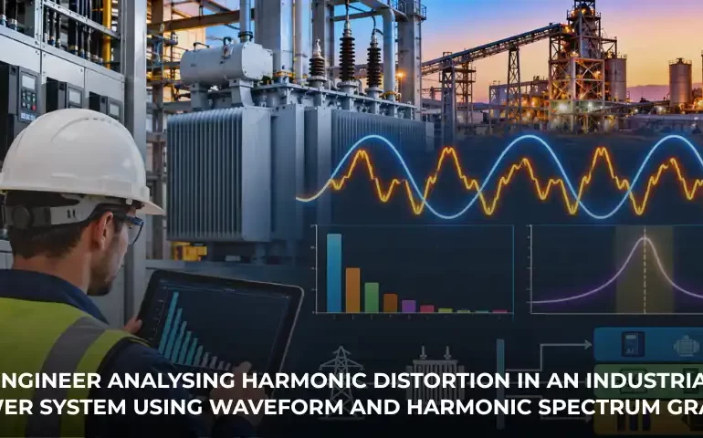 Engineer analysing harmonic distortion in an industrial power system using waveform and harmonic spectrum graphs.