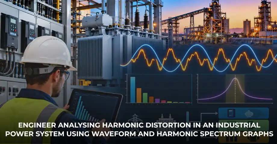 Engineer analysing harmonic distortion in an industrial power system using waveform and harmonic spectrum graphs.