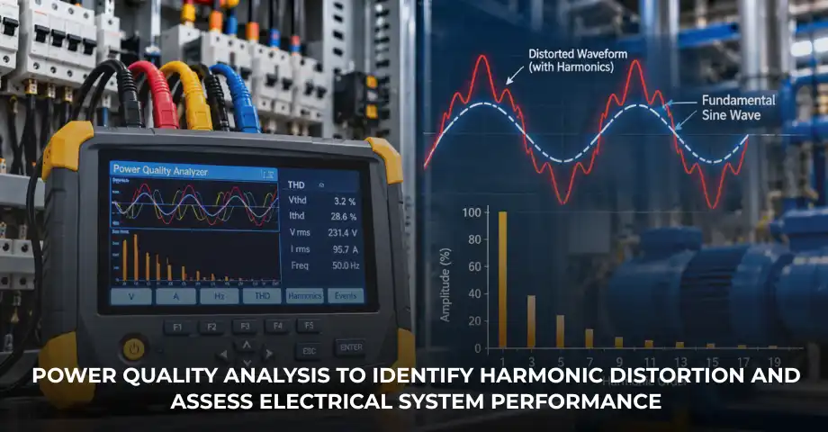 Total harmonic distortion measurement using a power quality analyser and harmonic waveform analysis